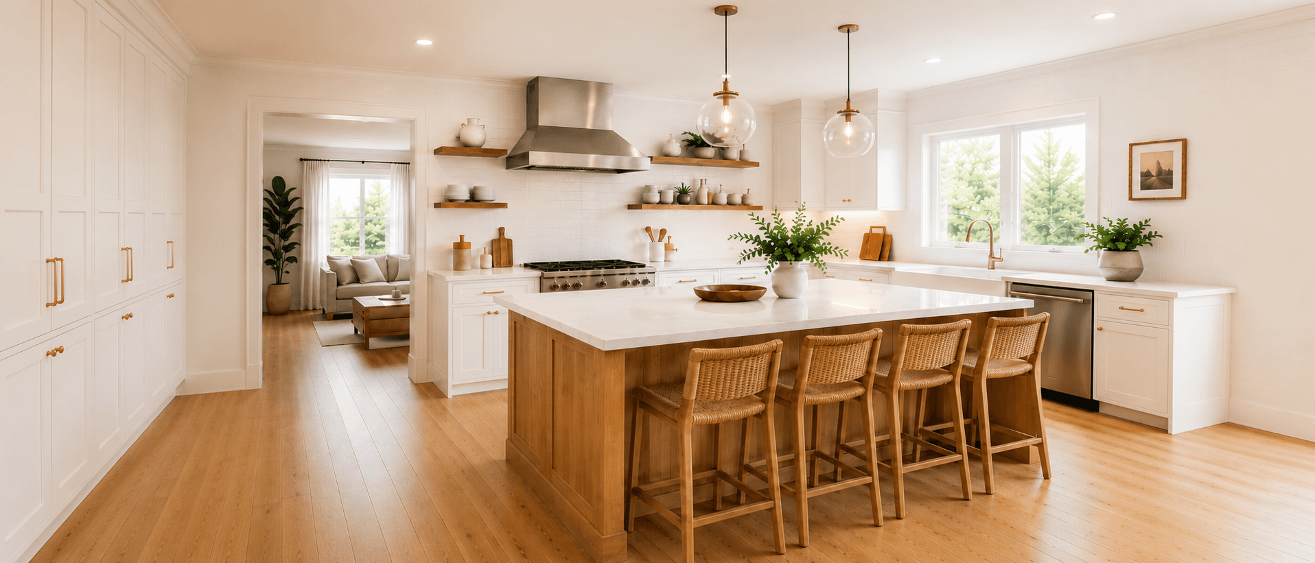 Modern kitchen with island, pendant lights, and stainless vent hood